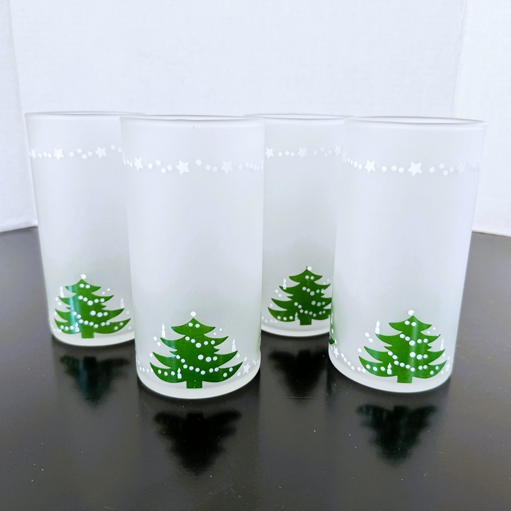 4x Waechtersbach Glassware Frosted 15 oz Tumblers Christmas Tree RETIRED
